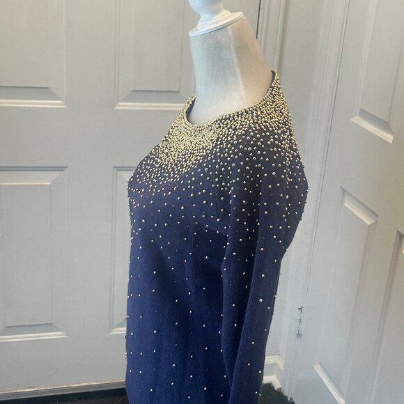 Vintage 80's Bonnie Boerer Embellished Navy Sweater with Gold Beads S - Picture 3 of 14